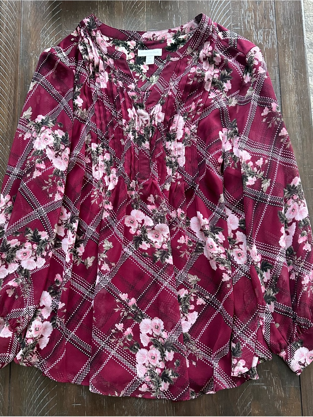 Charter Club Burgundy Floral Pintuck Top- Size 2X